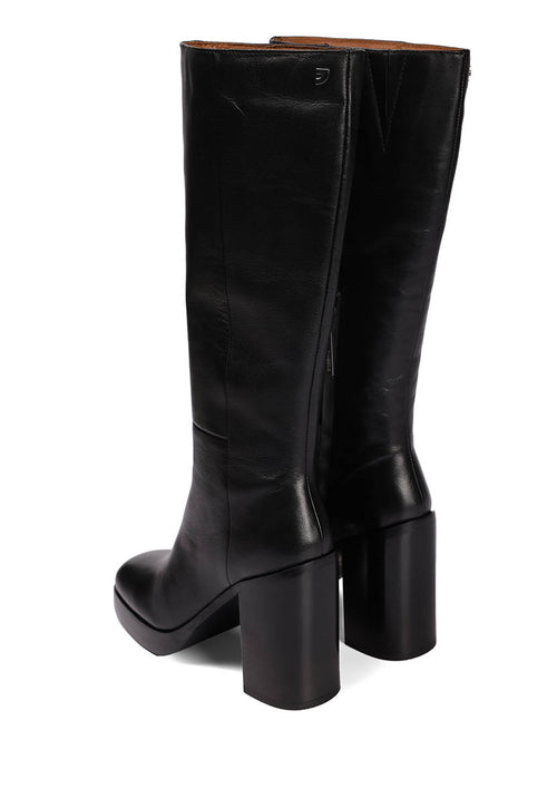 Tarnet women's knee-high coffee-coloured leather boots with wide heels and platforms