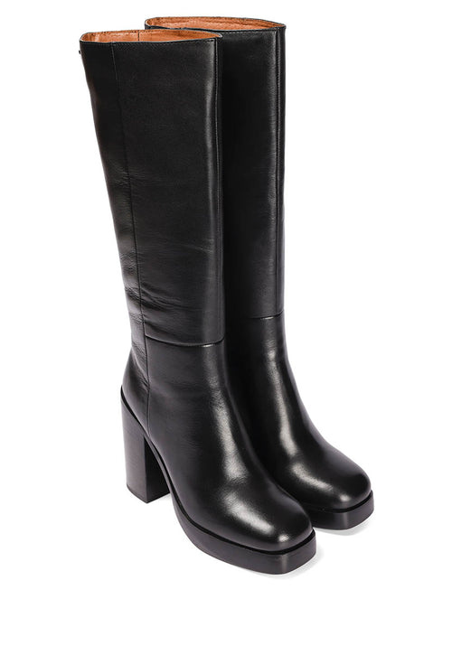 Tarnet women's knee-high coffee-coloured leather boots with wide heels and platforms