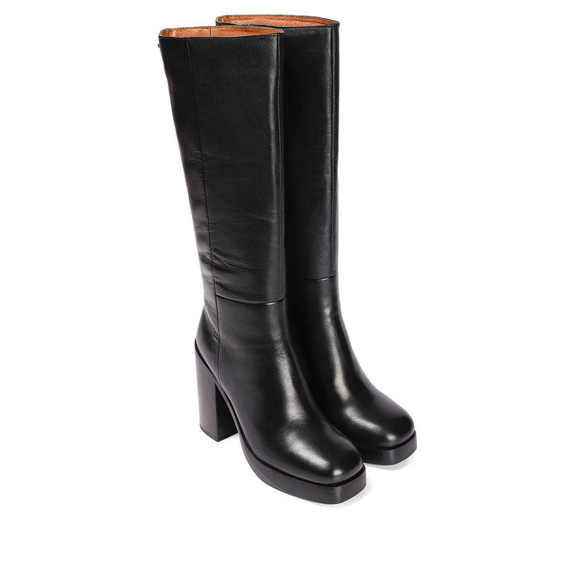 Bota alta en piel color moka con plataforma y tacón ancho para mujer tarnet