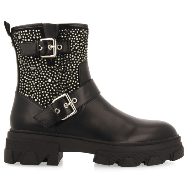 Tyndall women's black biker boots with decorations, buckles and track soles