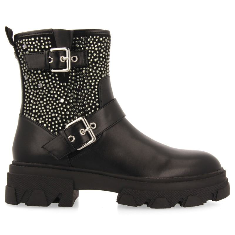Tyndall women's black biker boots with decorations, buckles and track soles
