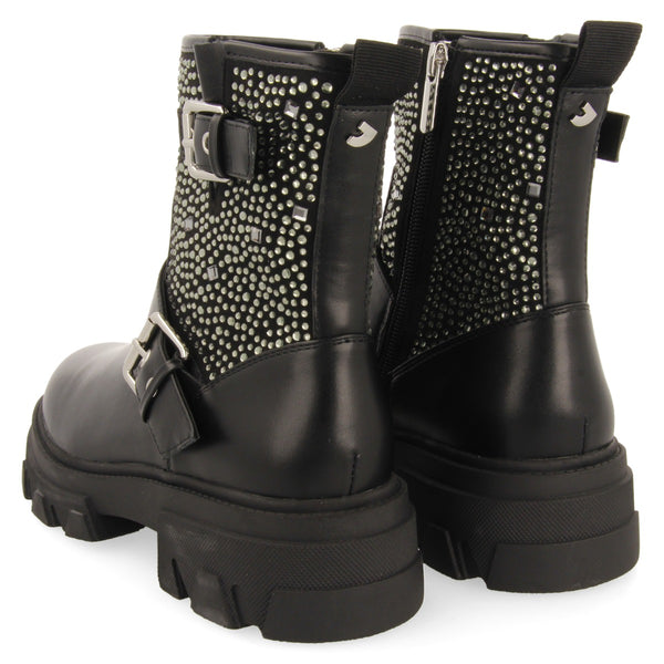 Tyndall women's black biker boots with decorations, buckles and track soles