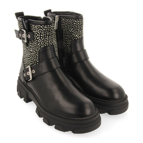 Tyndall women's black biker boots with decorations, buckles and track soles