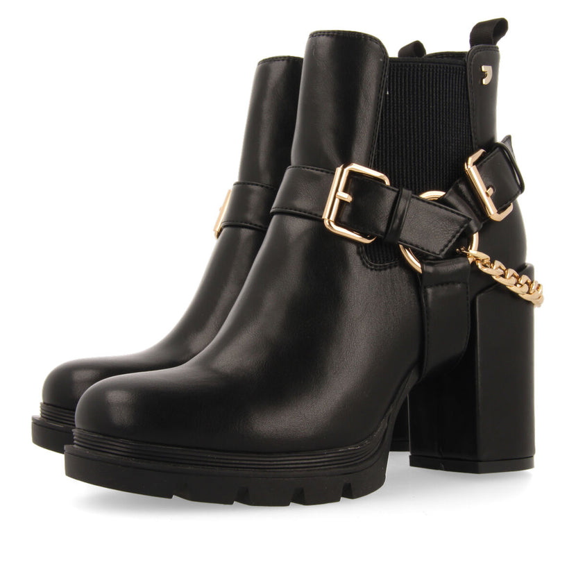 Okreek women's black chelsea boots with buckles, track soles and a chain