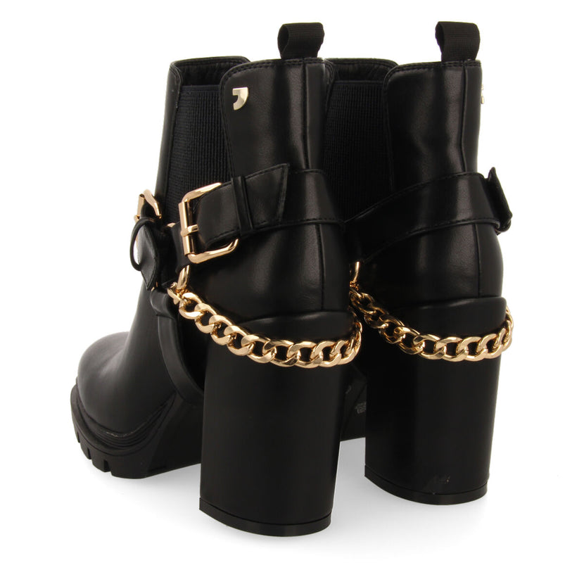 Okreek women's black chelsea boots with buckles, track soles and a chain