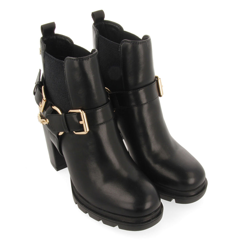 Okreek women's black chelsea boots with buckles, track soles and a chain