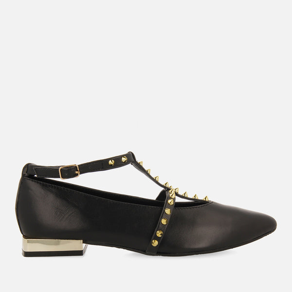 Nyborg women's black leather ballet flats with straps and decorative studs