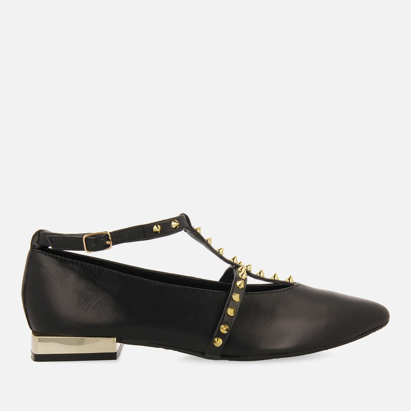 Nyborg women's black leather ballet flats with straps and decorative studs