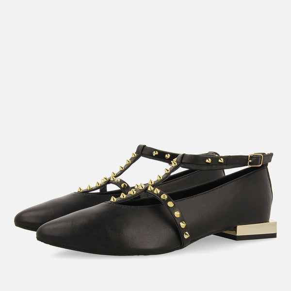 Nyborg women's black leather ballet flats with straps and decorative studs