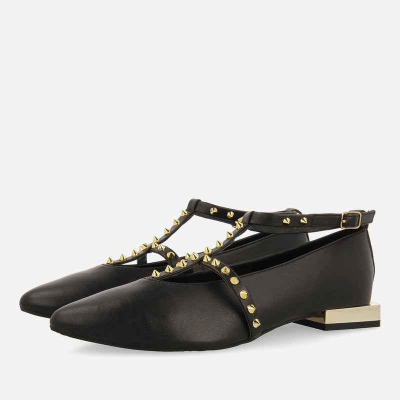 Nyborg women's black leather ballet flats with straps and decorative studs