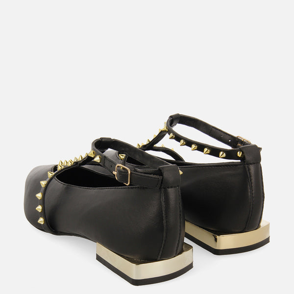 Nyborg women's black leather ballet flats with straps and decorative studs