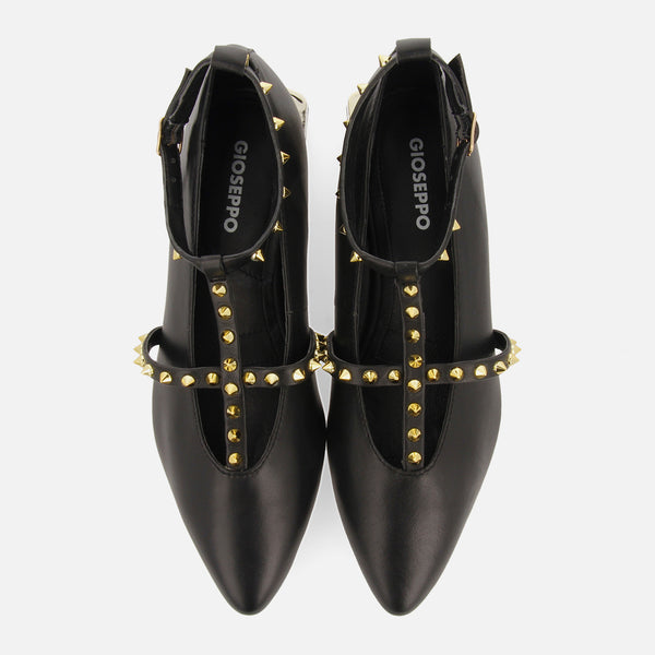 Nyborg women's black leather ballet flats with straps and decorative studs