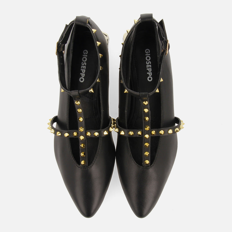 Nyborg women's black leather ballet flats with straps and decorative studs