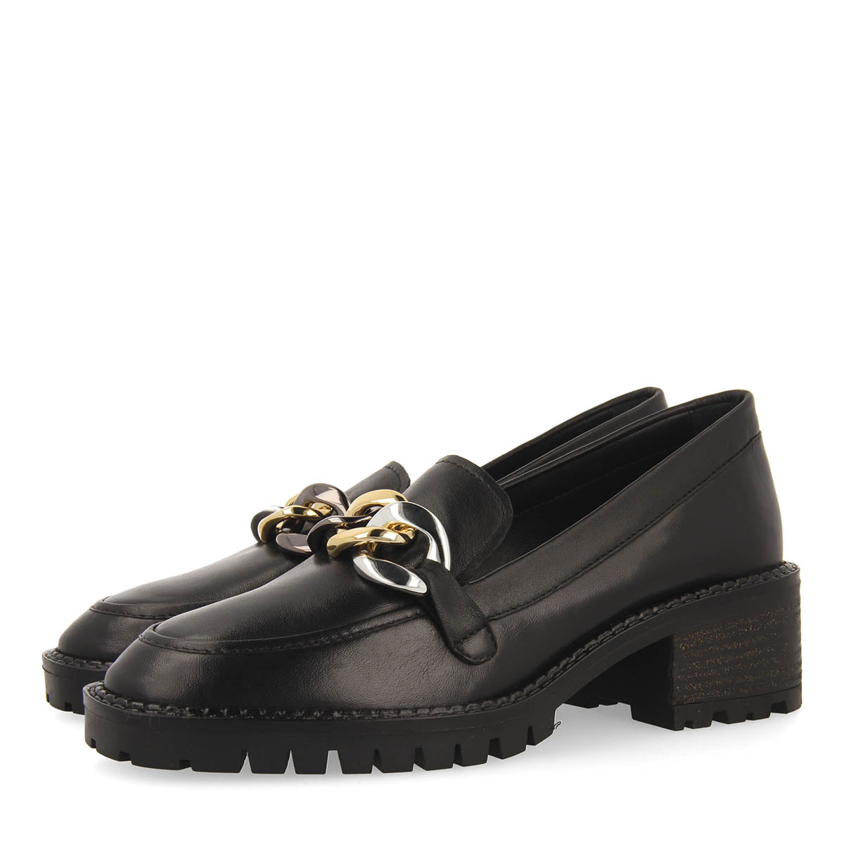 Viena women's black leather moccasins with decorative multicoloured chain