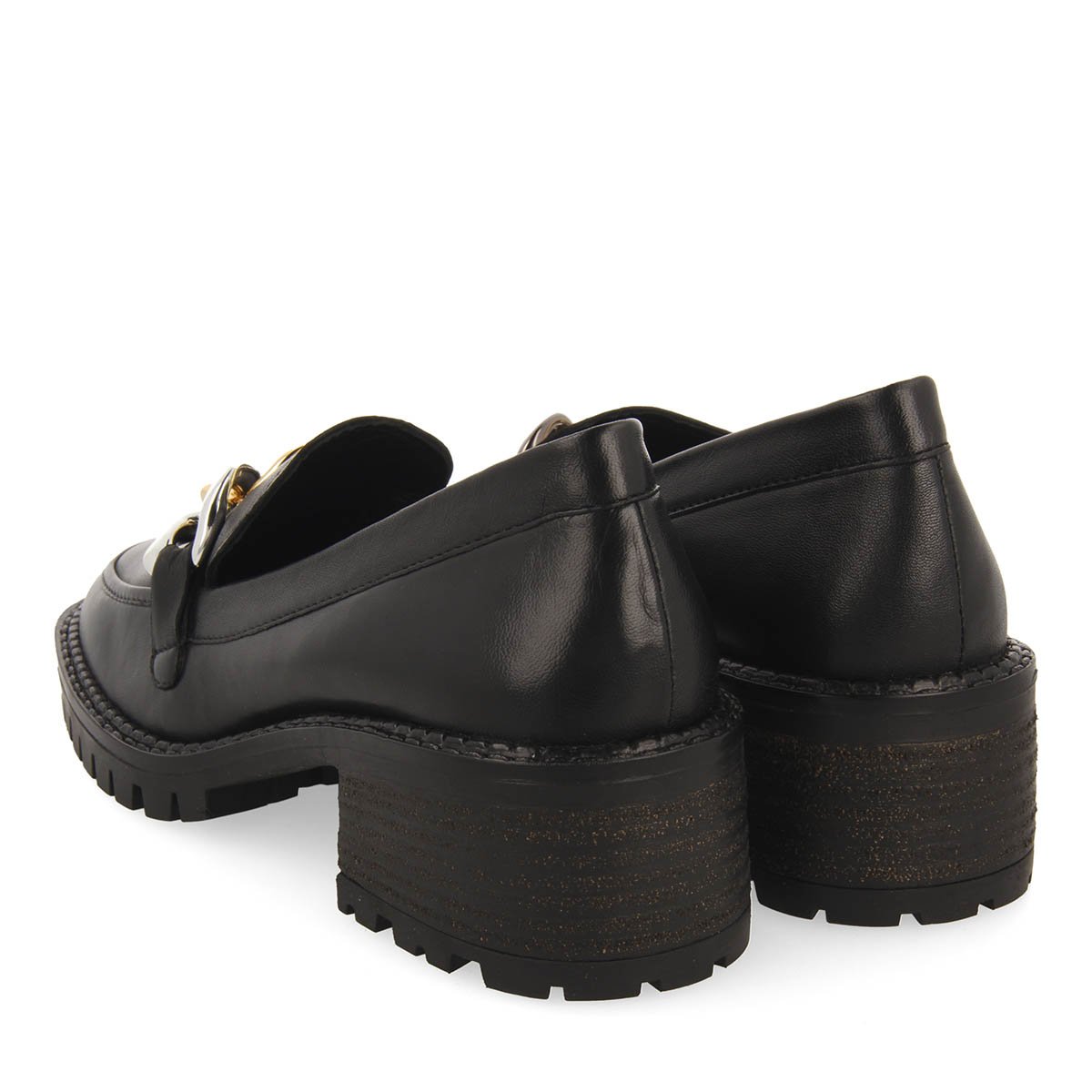 Viena women's black leather moccasins with decorative multicoloured chain