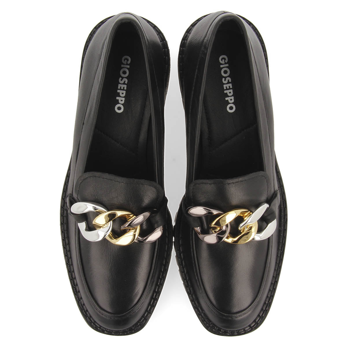 Viena women's black leather moccasins with decorative multicoloured chain