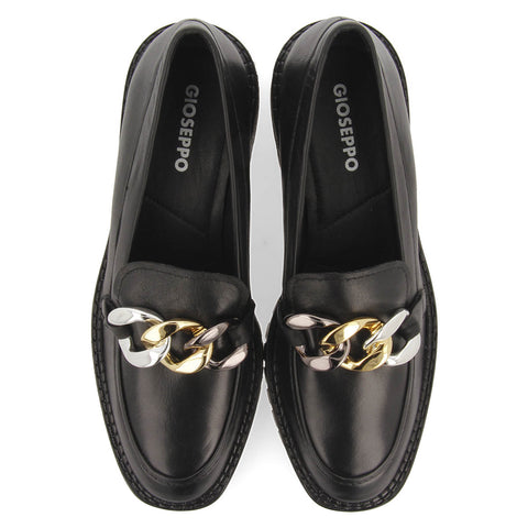 MOCASINES NEGROS DE PIEL CON DETALLE DE CADENA MULTICOLOR PARA MUJER VIENA 