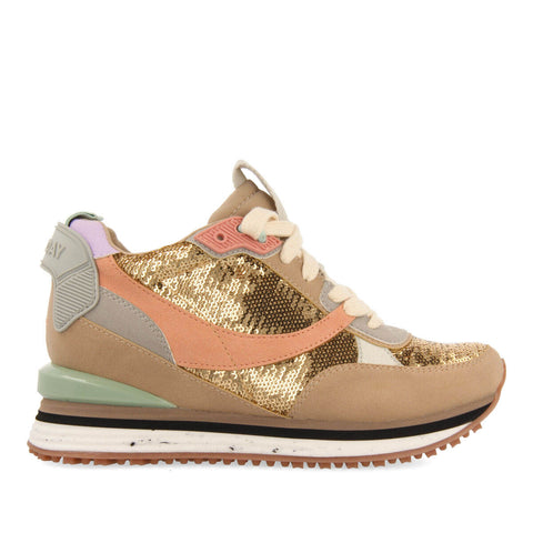 SNEAKERS À PAILLETTES DORÉES ET TALONNETTE INVISIBLE POUR FEMME OKATON  