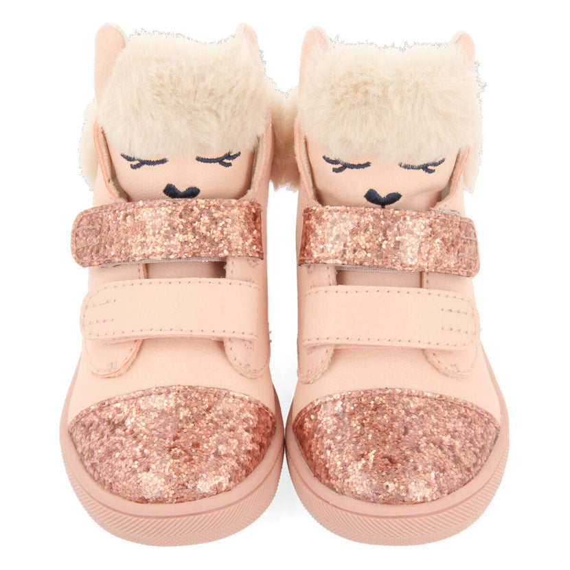 Sneakers tipo botín rosas con carita de llama para bebé akaska