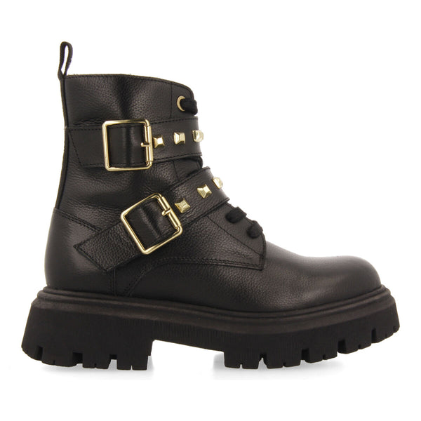 Botines negros de piel con cordones y detalle de hebillas para niña y niño trins