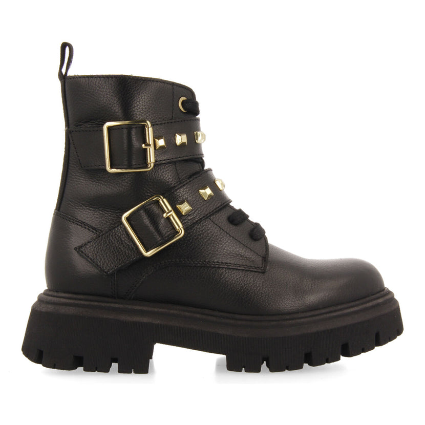 Botines negros de piel con cordones y detalle de hebillas para niña y niño trins