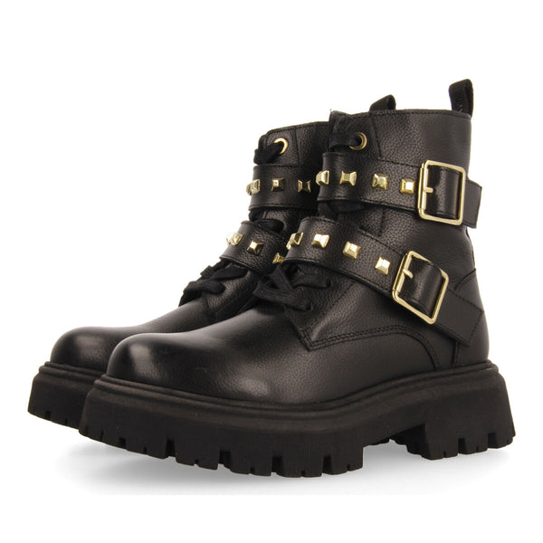 Botines negros de piel con cordones y detalle de hebillas para niña y niño trins