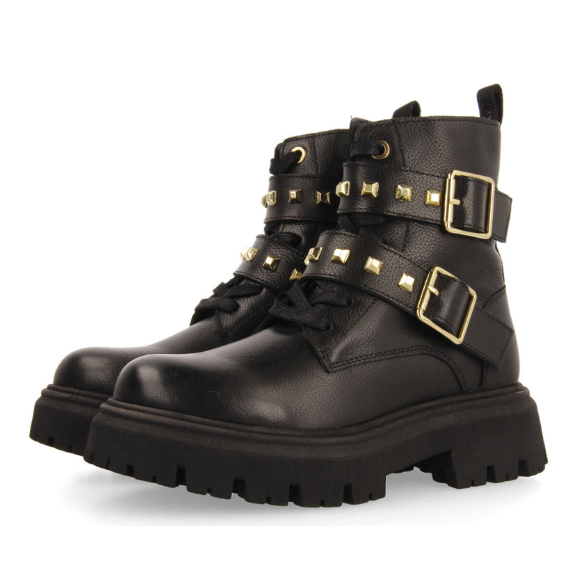 Botines negros de piel con cordones y detalle de hebillas para niña y niño trins