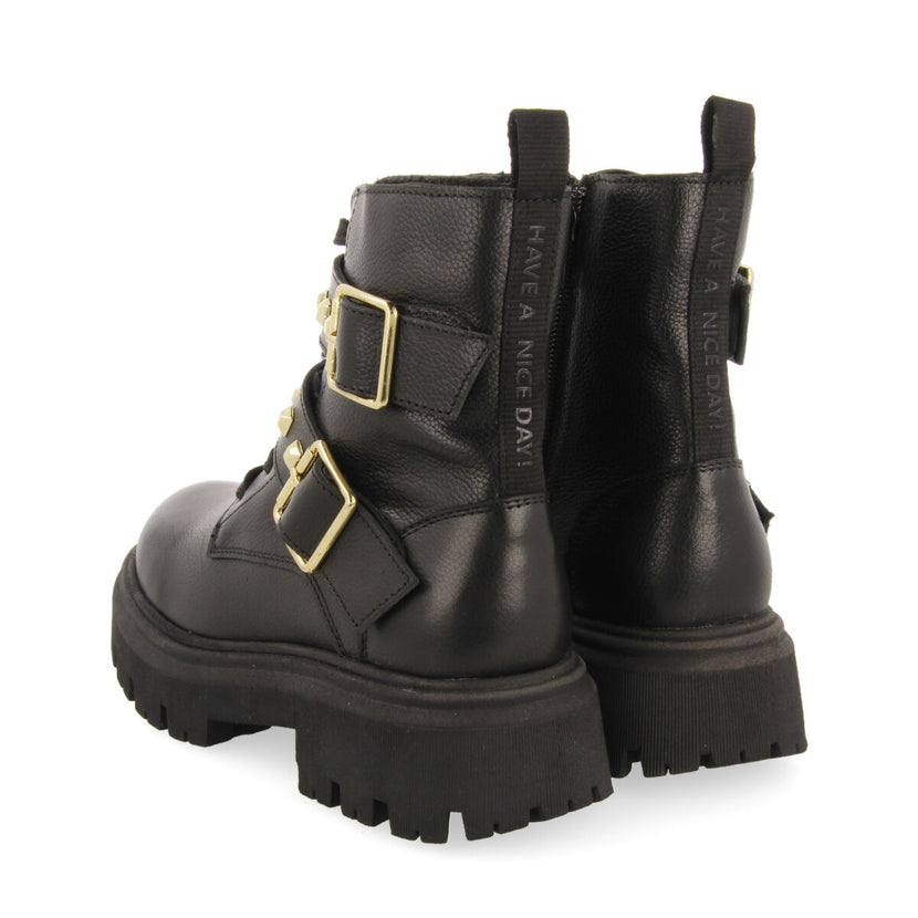 Botines negros de piel con cordones y detalle de hebillas para niña y niño trins