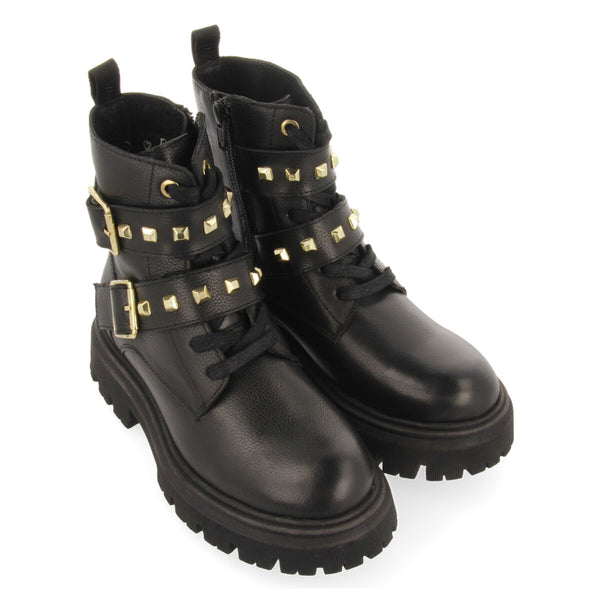 Botines negros de piel con cordones y detalle de hebillas para niña y niño trins