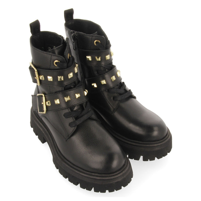 Botines negros de piel con cordones y detalle de hebillas para niña y niño trins