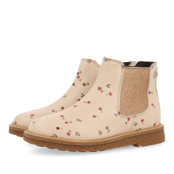 Botines rosa tipo chelsea de piel con print de flores para niña y niño elvenes