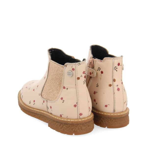 Botines rosa tipo chelsea de piel con print de flores para niña y niño elvenes