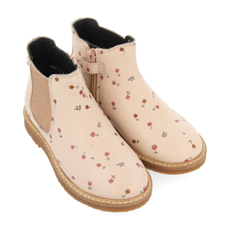 Botines rosa tipo chelsea de piel con print de flores para niña y niño elvenes