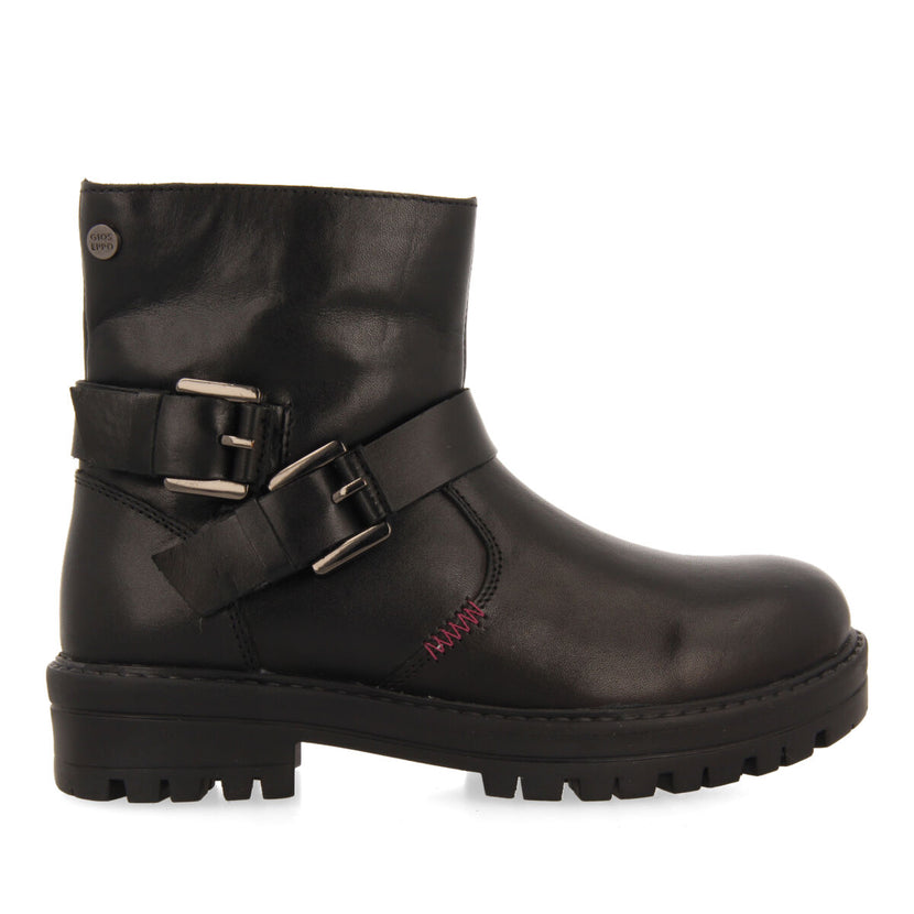 Botines negros de piel estilo biker con hebillas para niña y niño kemnay