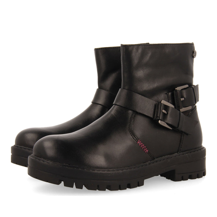Botines negros de piel estilo biker con hebillas para niña y niño kemnay
