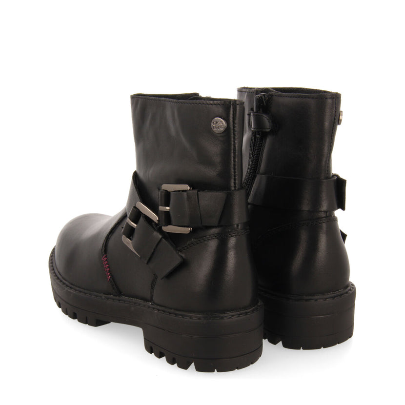 Botines negros de piel estilo biker con hebillas para niña y niño kemnay