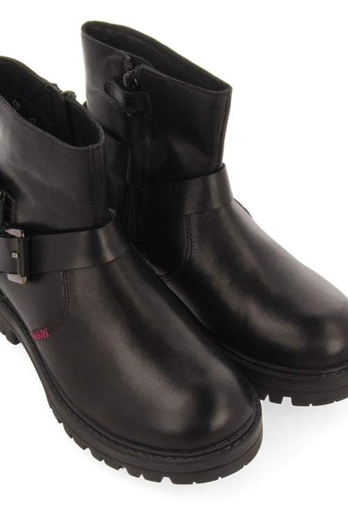 Kemnay children's black leather biker boots with buckles