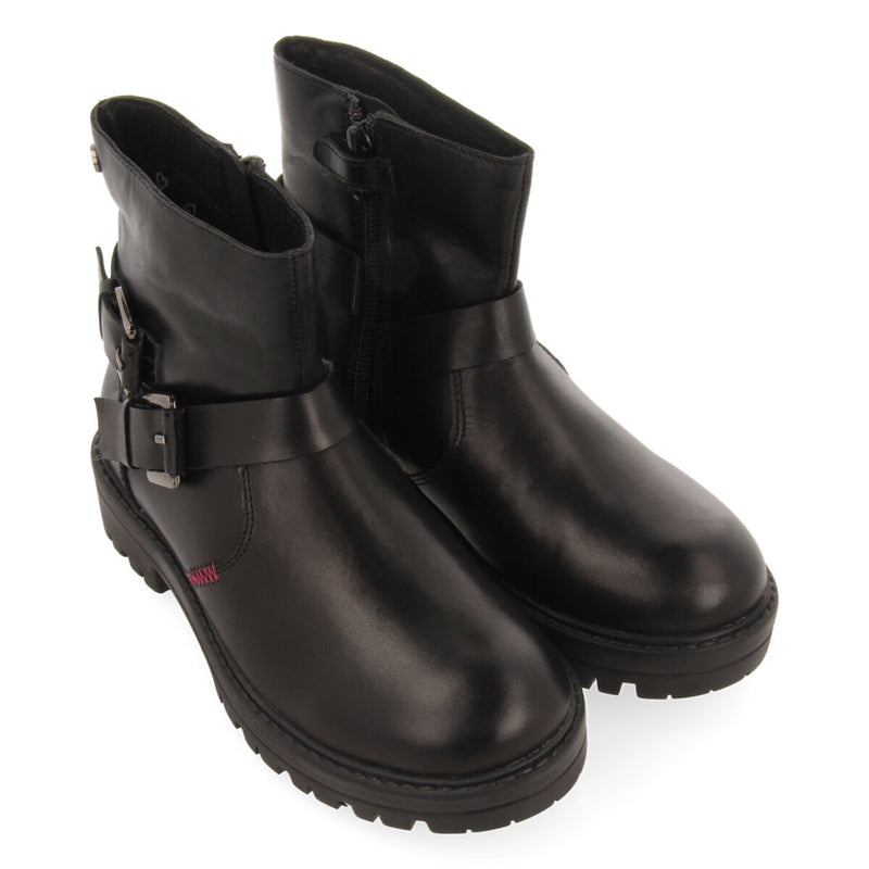 Botines negros de piel estilo biker con hebillas para niña y niño kemnay