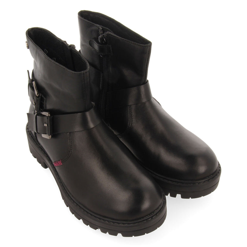 Botines negros de piel estilo biker con hebillas para niña y niño kemnay