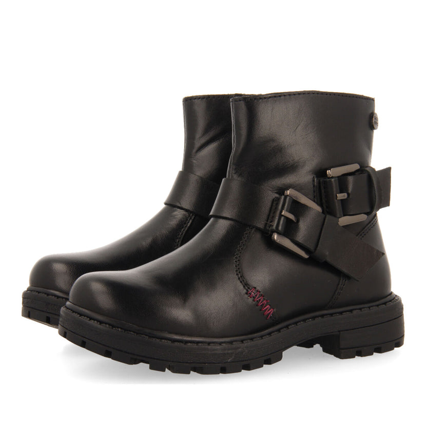Botines negros de piel estilo biker con hebillas para niña y niño raab