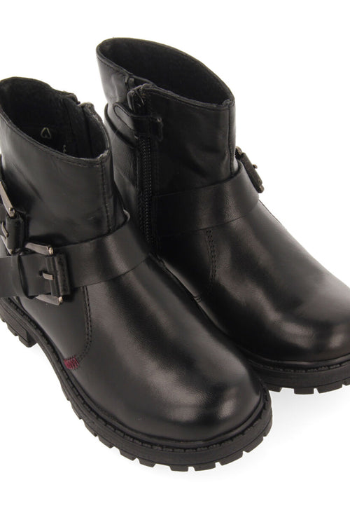 Botines negros de piel estilo biker con hebillas para niña y niño raab