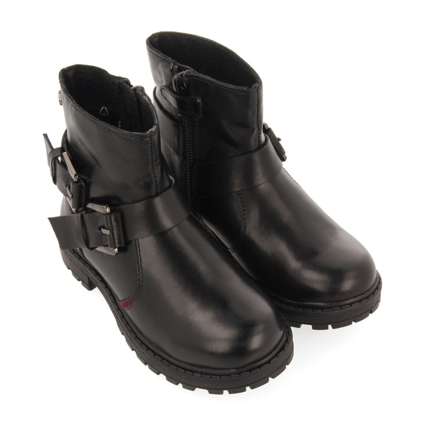 Botines negros de piel estilo biker con hebillas para niña y niño raab