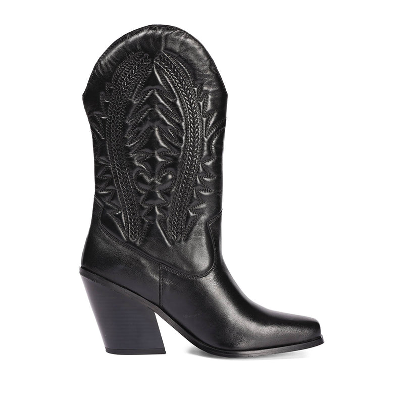 Stivali tipo cowboy in pelle nera con dettaglio ricamato da donna herlev