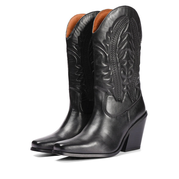 Stivali tipo cowboy in pelle nera con dettaglio ricamato da donna herlev