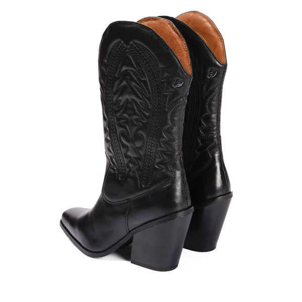 Stivali tipo cowboy in pelle nera con dettaglio ricamato da donna herlev