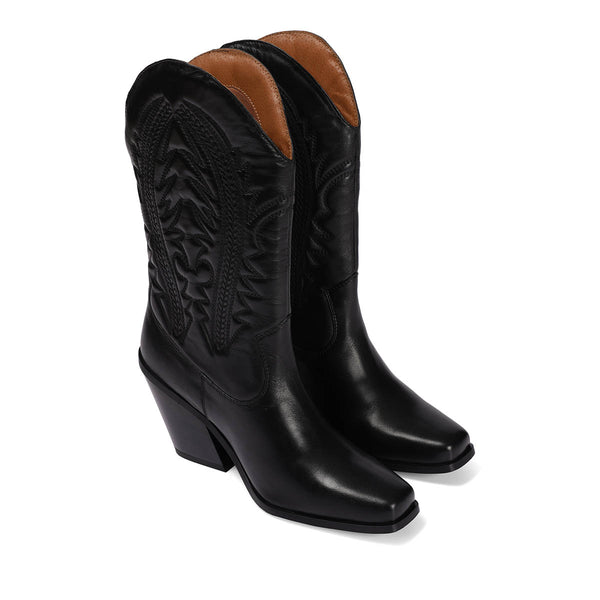 Stivali tipo cowboy in pelle nera con dettaglio ricamato da donna herlev