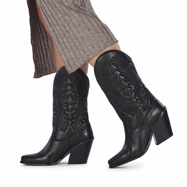 Stivali tipo cowboy in pelle nera con dettaglio ricamato da donna herlev
