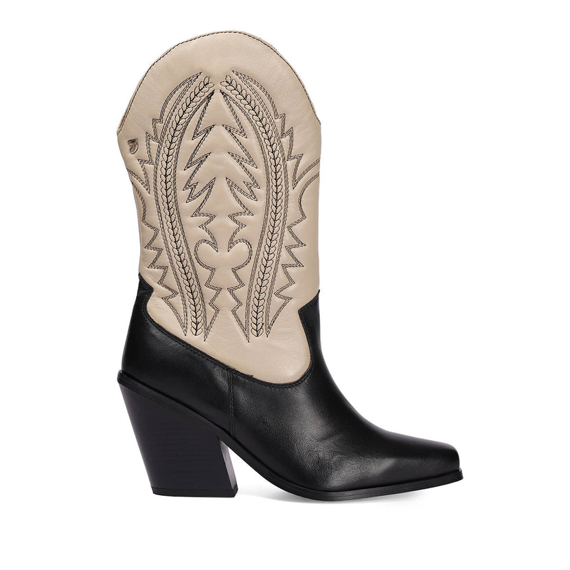 Bota tipo cowboy en piel negro y off-white con detalle de bordado para mujer herlev