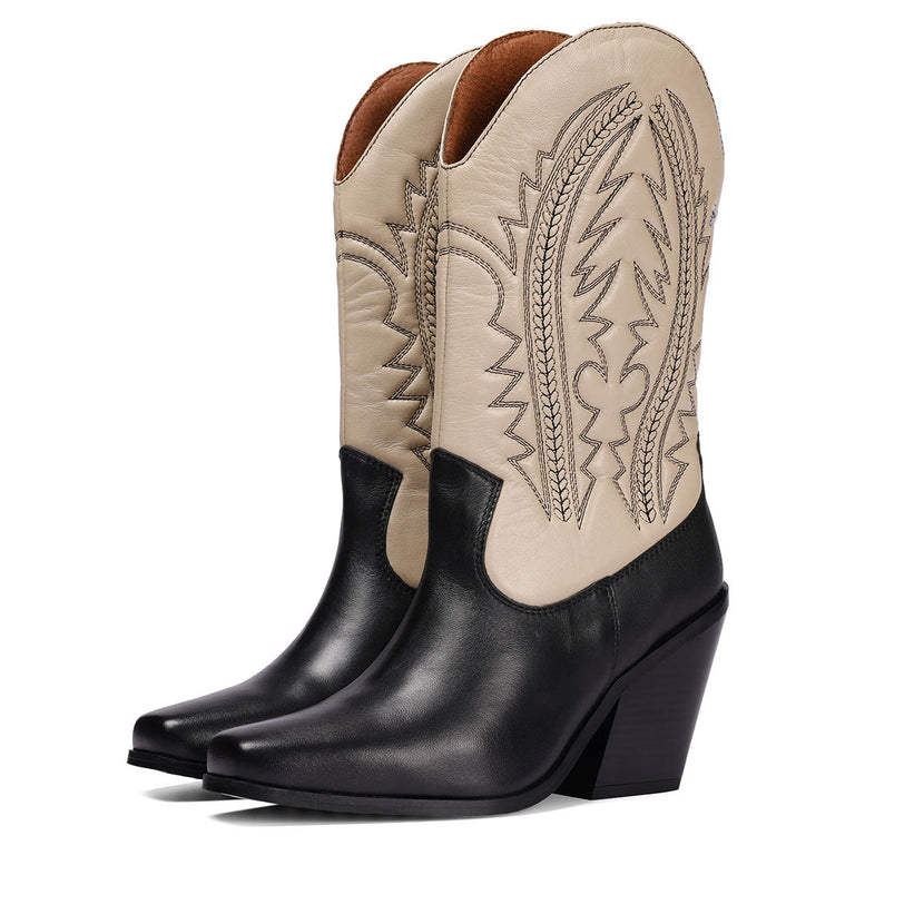 Bota tipo cowboy en piel negro y off-white con detalle de bordado para mujer herlev