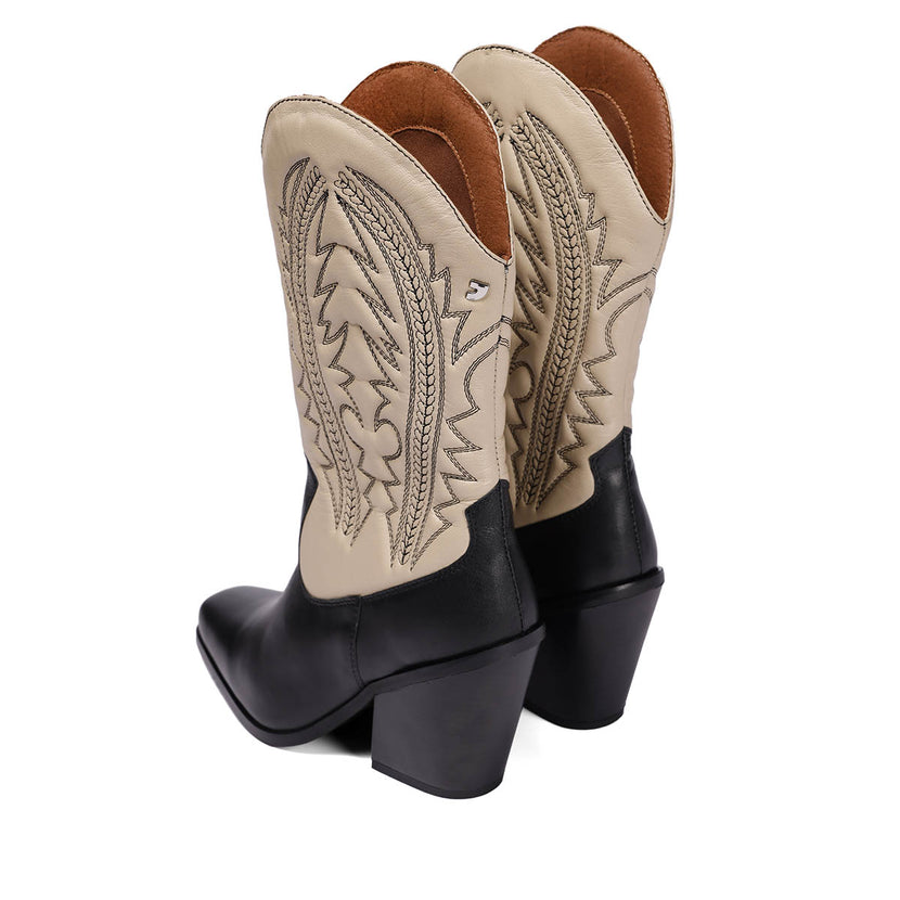 Bota tipo cowboy en piel negro y off-white con detalle de bordado para mujer herlev